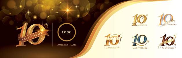 Set of 10th Anniversary logotype design, Ten years Celebrating Anniversary Logo, Golden Luxury and Retro Serif Number Letters, vector