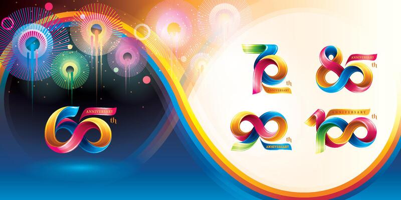 Set of 60 to 100 years Anniversary Colorful logotype design, 60, 70, 80, 90, 100 year, Abstract Twist Infinity multiple line Colorful Ribbon.