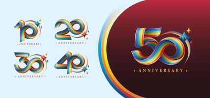 conjunto de 10 a 50 años aniversario vistoso logotipo diseño, 10,20,30,40,50 año, resumen giro infinito múltiple línea arco iris con estrella. vector