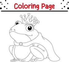 Cute king frog coloring page for kids. Animal coloring book vector