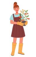 A gardener girl with a bush of tomatoes in her hands. vector