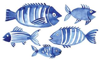 watercolor set with fish. children's simple drawing blue fish on a white background. doodle vector