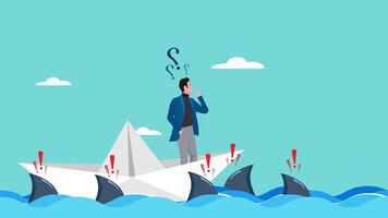 Illustration of a businessman who is confused because his paper boat is surrounded by sharks, problem in business concept vector