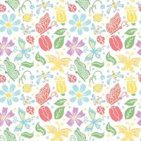 Spring floral pattern with flowers, butterflies, bees and ladybugs. Seamless flowers background vector