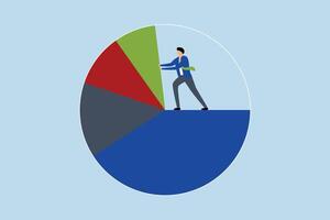 Business analysis, businessman standing on pie chart pushing allocation to best result. vector