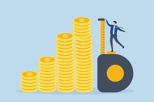 Investment measurement, investor measuring tape measure to measure height of stack of coins. vector