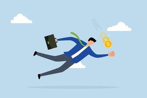 Investment opportunity, businessman jumps to catch gold coins with baseball catcher glove. vector