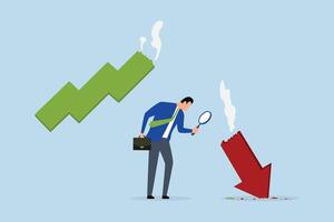 Market crash analysis, businessman analyst using magnifying glass to look at  red arrow on crash chart vector