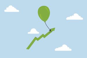 Market rising up,  balloon tied to ascending green graph flying high in the sky. vector