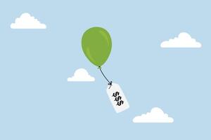 Inflation causing price rising up, balloon tied to the price tag of a product flying high into the sky vector