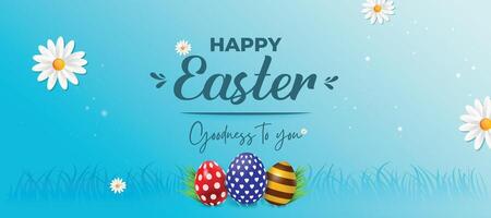 Happy Easter Holiday Banner with colorful eggs on field. Vector Illustration background template.