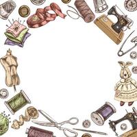 Vintage hand-drawn colored sewing template. Vector illustrations in sketch style. Handmade, sewing equipment concept in vintage doodle style. Template with an empty space in center in form of circle.