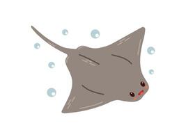 Cute hand-drawn colored stingray in flat style, ocean aquatic underwater kawaii vector. Vector cartoon illustration on white background.