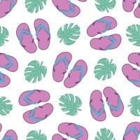 Cute hand drawn flip flops and plant leaf seamless pattern. Flat vector illustration. Doodle drawing.