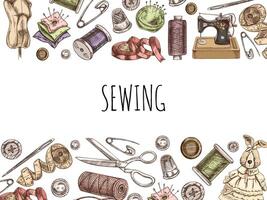 Vintage hand drawn sewing template. Handmade, sewing equipment concept in vintage doodle style. Template with an empty space in the center. vector