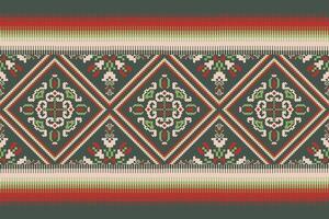 Geometric ethnic oriental pattern vector illustration.floral pixel art embroidery on green background,Aztec style,abstract background.design for texture,fabric,clothing,wrapping,decoration,scarf,print