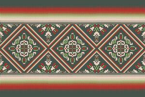 Geometric ethnic oriental pattern vector illustration.floral pixel art embroidery on green background,Aztec style,abstract background.design for texture,fabric,clothing,wrapping,decoration,scarf,print