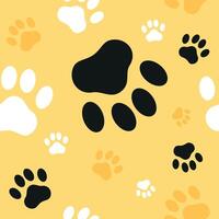 White, orange and black paw pattern on yellow background vector