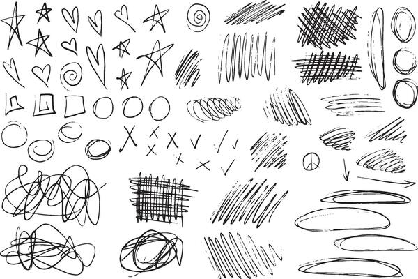 Black and white marker abstract with black lines and shapes on a white background