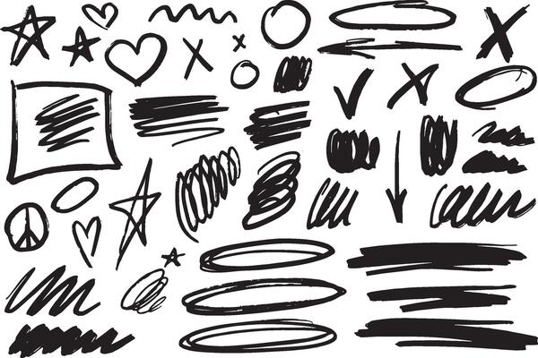 Black and white marker abstract with black lines and shapes on a white background