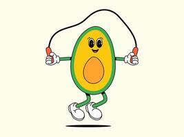 Sport Avocado jumps rope. Character of Healthy food. Retro Vector illustration