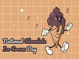 Chocolate Ice Cream in Retro Style. National chocolate Ice Cream Day Vector illustration with groovy mascot