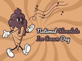 Chocolate Ice Cream in Retro Style. National chocolate Ice Cream Day Vector illustration with groovy mascot