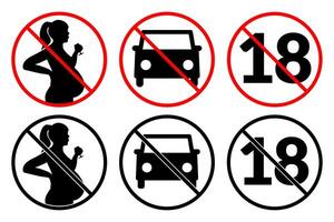 prohibición firmar de embarazada mujer Bebiendo alcohol, No 18, No conducir. vector icono conjunto para alcohol botella de coñac