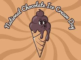 Chocolate Ice Cream in Retro Style. National chocolate Ice Cream Day Vector illustration with groovy mascot