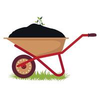 A garden wheelbarrow with soil and a young green sprout. Illustrated vector clipart.