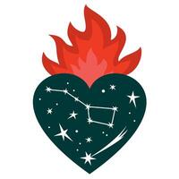 The heart is on fire. A burning heart with a starry sky inside. Constellations in the firmament inside the fiery heart. Illustrated vector clipart.