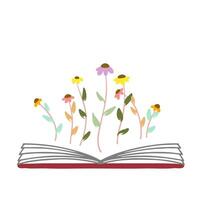 Open book illustration with wildflowers meadow on top. Colorful clipart vector