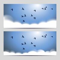 nubes en azul cielo bandera con aves y luz de sol, degradado malla para web y impresión modelo vector