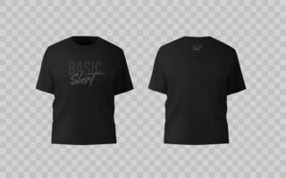 Basic black male t-shirt realistic mockup. Front and back view. Blank textile print template for fashion clothing. vector