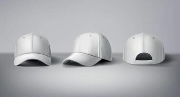 Black and white baseball caps mock up in gray background, front and back or different sides. For branding and advertising. vector