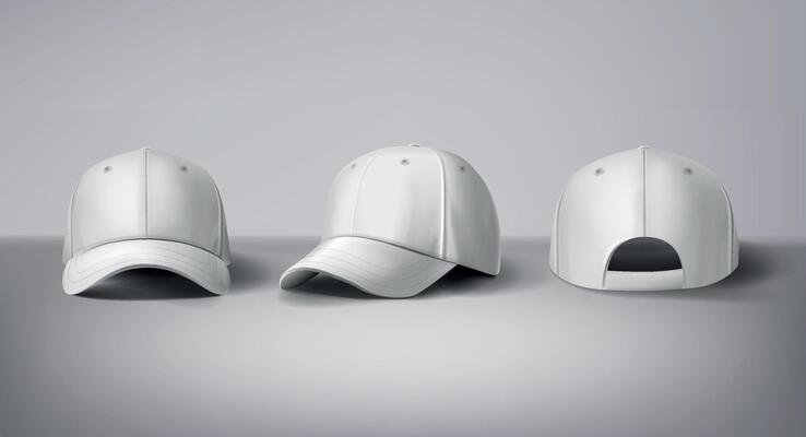 Black and white baseball caps mock up in gray background, front and back or different sides. For branding and advertising.