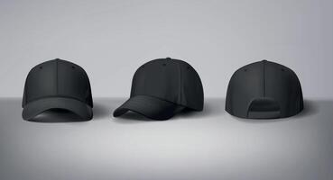 Black and white baseball caps mock up in gray background, front and back or different sides. For branding and advertising. vector