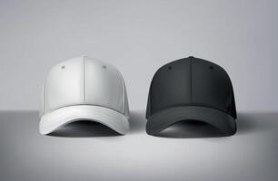 Black and white baseball caps mock up in gray background, front and back or different sides. For branding and advertising. vector