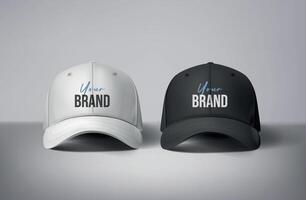 Black and white baseball caps mock up in gray background, front and back or different sides. For branding and advertising. vector