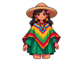 Sticker of cartoon mexican girl in colorful traditional poncho and sombrero png