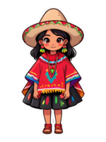 Sticker of cartoon mexican girl in colorful traditional poncho and sombrero png