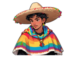 Cartoon mexican guy in colorful traditional poncho and sombrero png