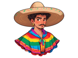 Cartoon mexican guy in colorful traditional poncho and sombrero png