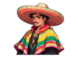 Cartoon mexican guy in colorful traditional poncho and sombrero png