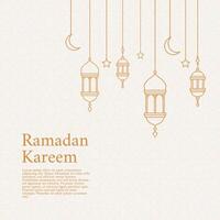 This image has a warm and cheerful feel. The gold-colored lanterns,crescent moon and stars symbolize Islam and Ramadan. This image is suitable for use as a Ramadan greeting card or as home decoration vector