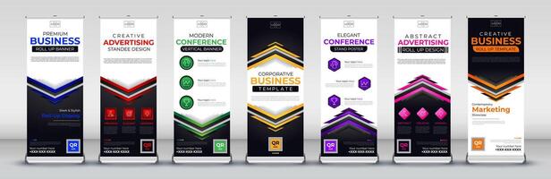 abstract triangle up and down roll up banner design for events, meetings, presentations in blue, red, green, yellow, purple, pink and orange colors vector