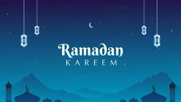 view of the mountains on a beautiful blue night with sparkling stars and moon with silver lantern ornaments and the silhouette of a magnificent mosque. vector