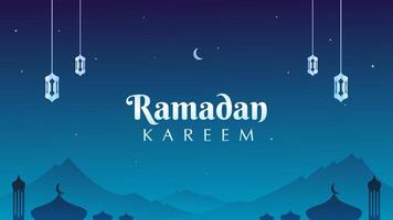 view of the mountains on a beautiful blue night with sparkling stars and moon with silver lantern ornaments and the silhouette of a magnificent mosque. vector