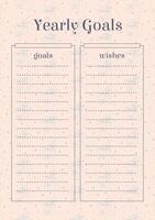 Yearly goals templates. Worksheet list with pink-blue background. Blank printable goal setting sheet vector