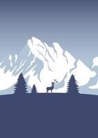 Alps Mountain landscape wildlife illustration. Minimalist Pyrenees view with forest and deer poster. vector